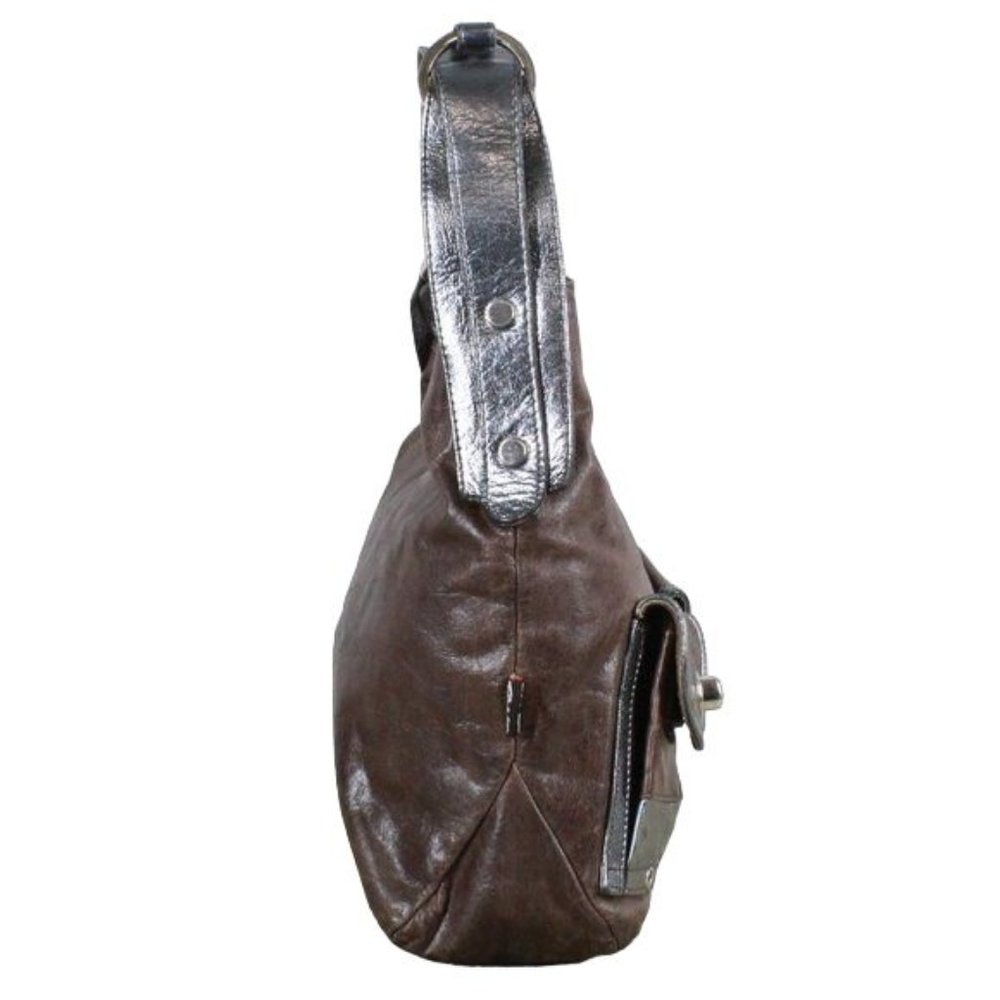 Tano Brown Distressed Leather Purple Lined Silver Trim Hobo Purse Shoulder Bag - Picture 3 of 10